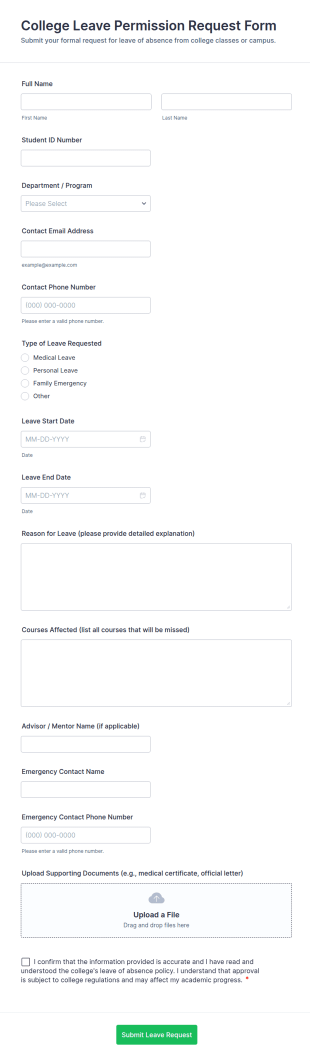 College Leave Permission Request Form Template