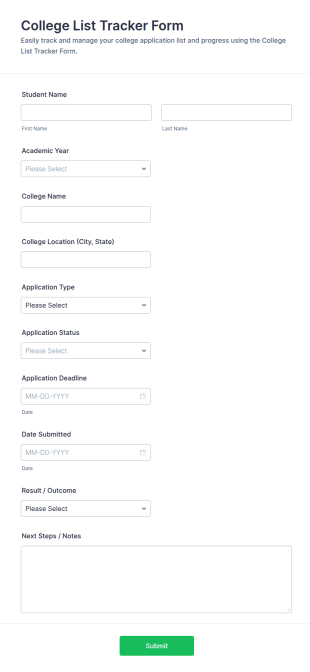 College List Tracker Form Template