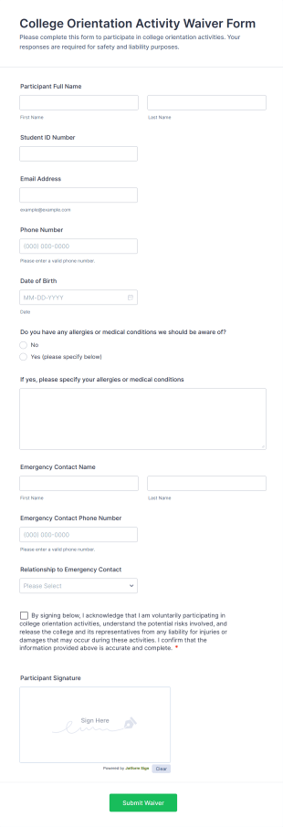 College Orientation Activity Waiver Form Template