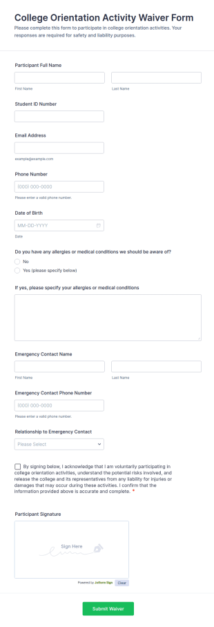 College Orientation Activity Waiver Form Template