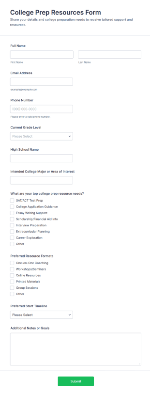 College Prep Resources Form Template