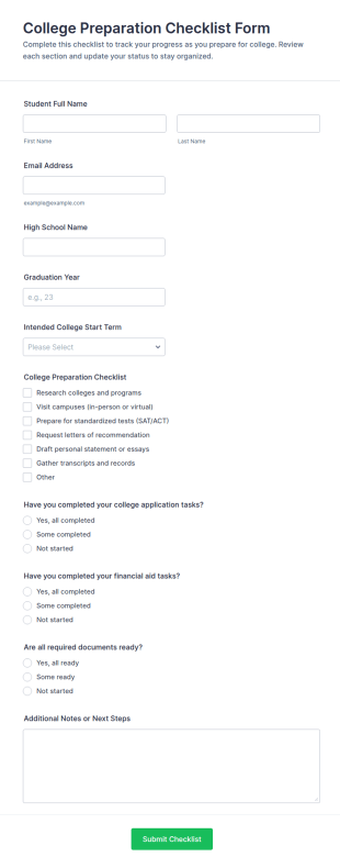 College Preparation Checklist Form Template