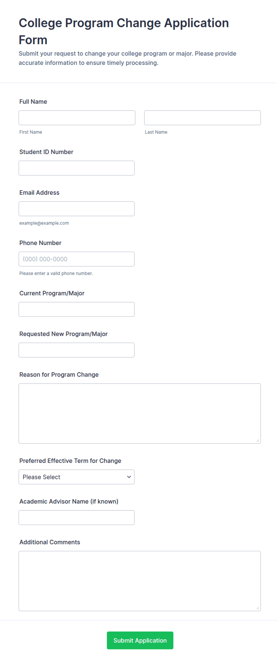 College Program Change Application Form Template | Jotform