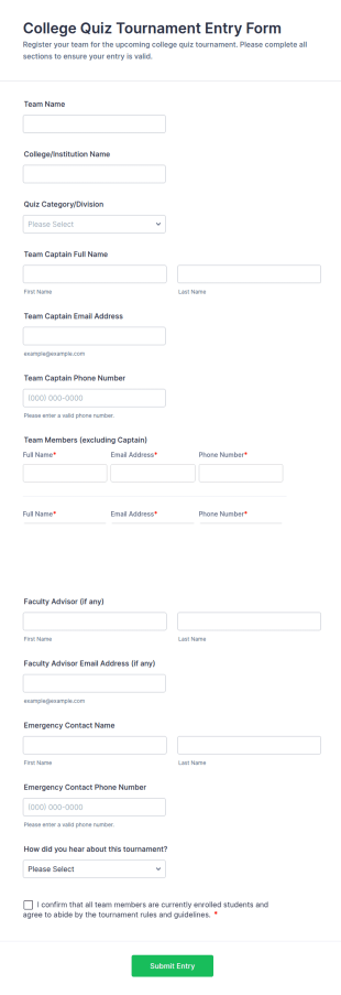 College Quiz Tournament Entry Form Template