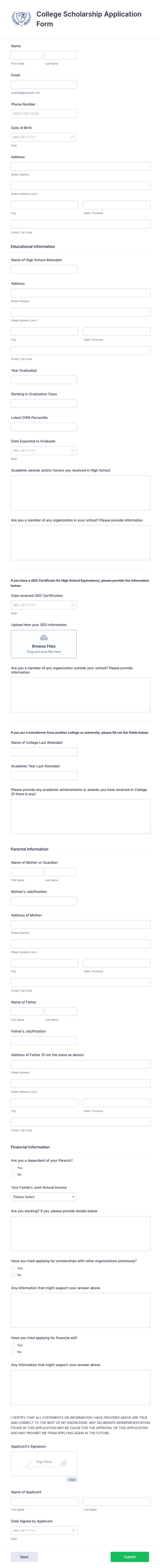 College Scholarship Application Form Template