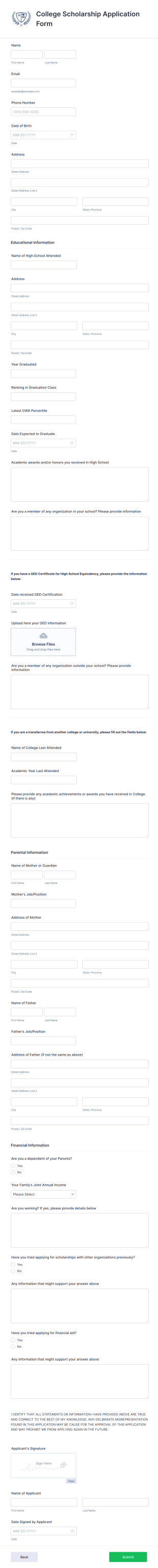 College Scholarship Application Form Template