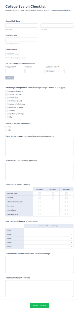 College Search Checklist Form Template