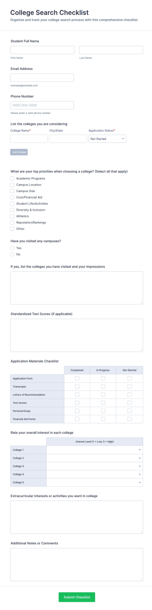 College Search Checklist Form Template