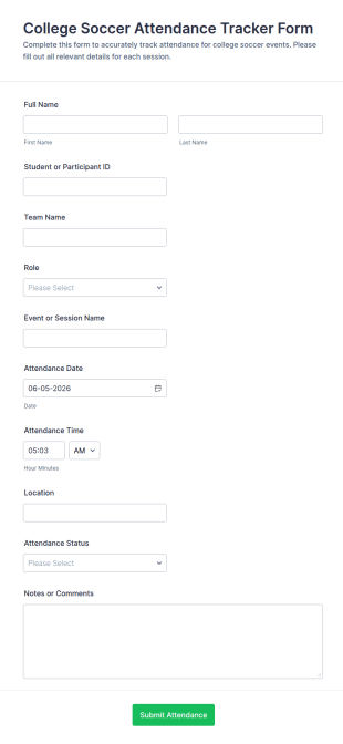 College Soccer Attendance Tracker Form Template