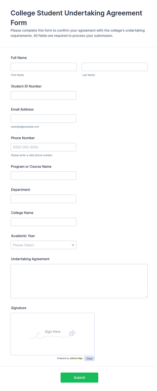 College Student Undertaking Agreement Form Template