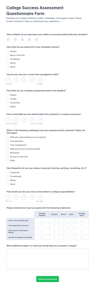 College Success Assessment Questionnaire Form Template
