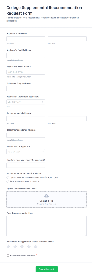 College Supplemental Recommendation Request Form Template