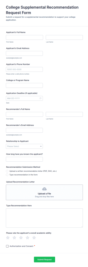 College Supplemental Recommendation Request Form Template