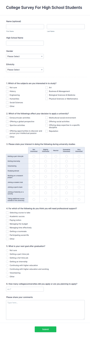 College Survey For High School Students Form Template