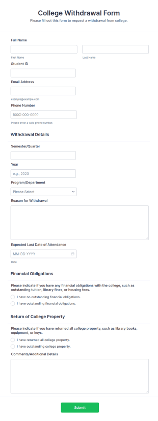 College Withdrawal Form Template