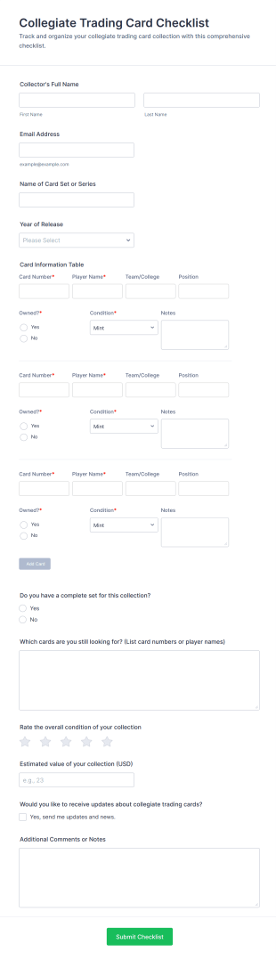 Collegiate Trading Card Checklist Form Template