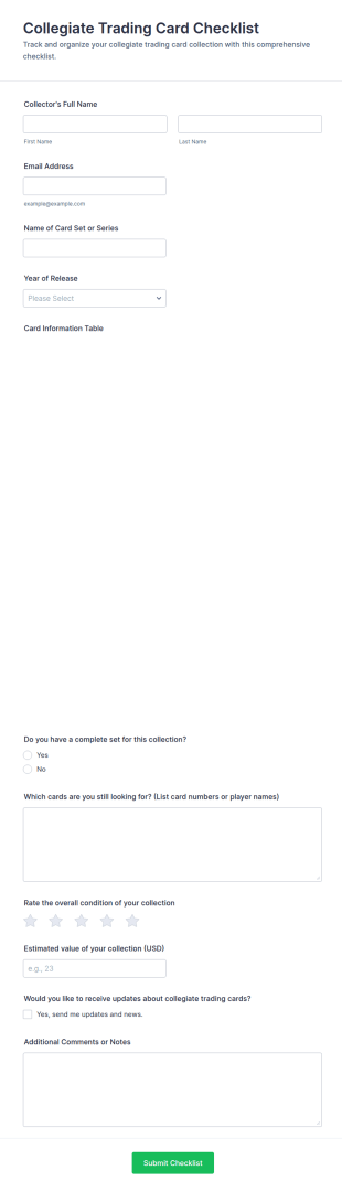 Collegiate Trading Card Checklist Form Template