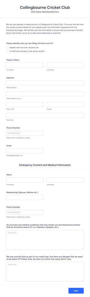 Collingbourne Cricket Club Form Template