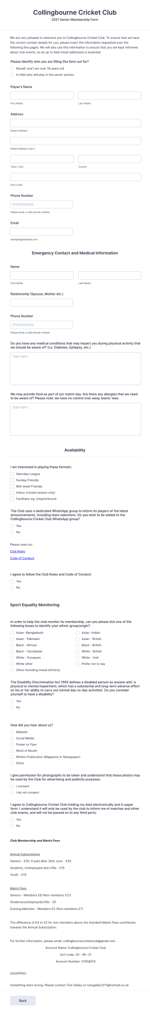 Collingbourne Cricket Club Form Template