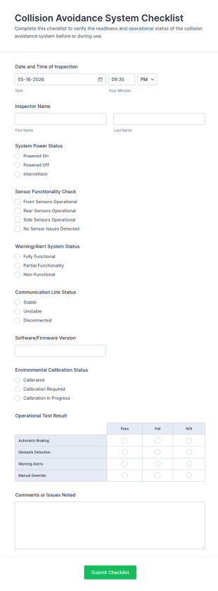 Collision Avoidance System Checklist Form Template