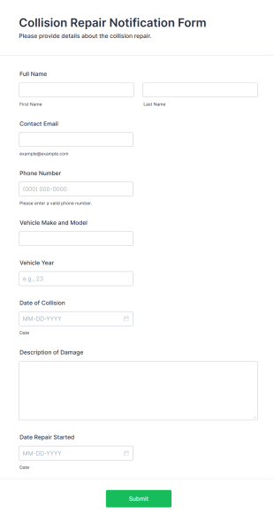 Collision Repair Notification Form Form Template