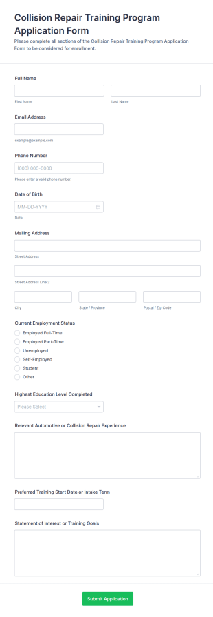 Collision Repair Training Program Application Form Template