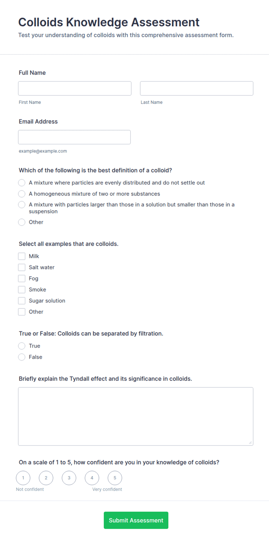 Colloids Knowledge Assessment Form Template | Jotform