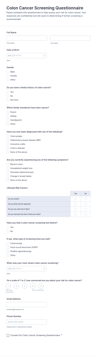 Colon Cancer Screening Questionnaire Form Template