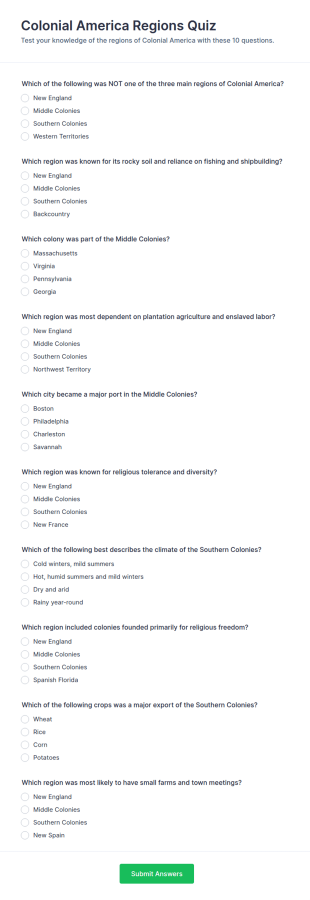 Colonial America Regions Quiz Form Template