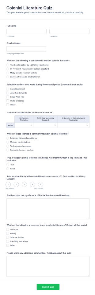 Colonial Literature Quiz Form Template