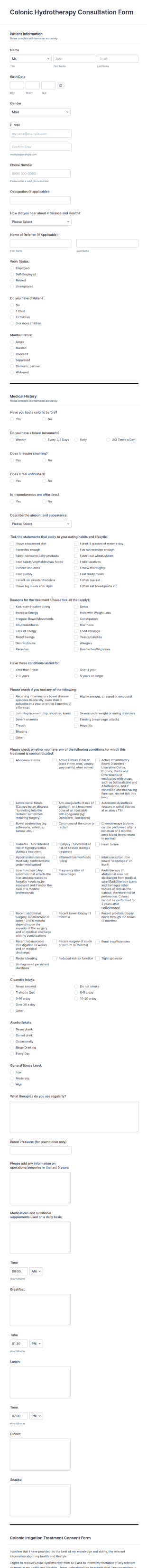 Colonic Hydrotherapy Consultation Form Template