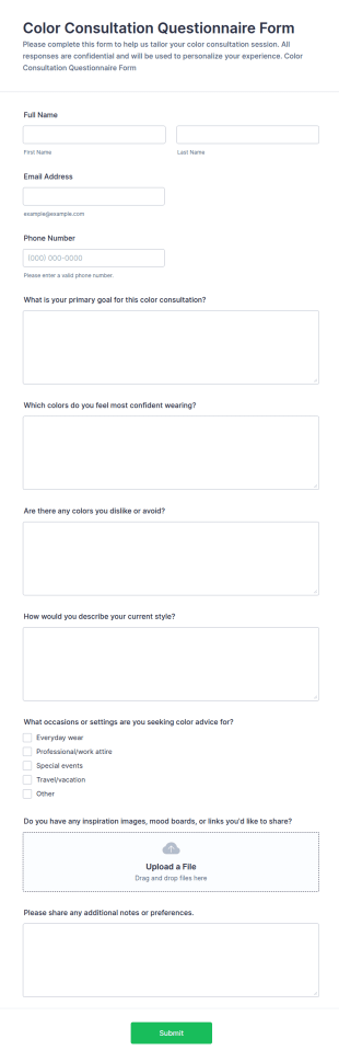 Color Consultation Questionnaire Form Template