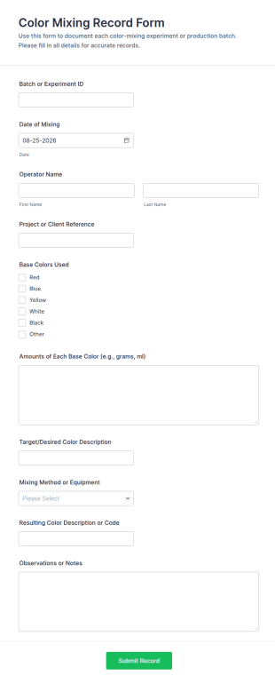Color Mixing Record Form Template
