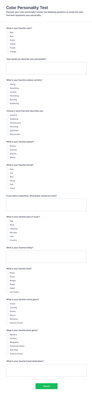 Color Personality Test Form Template