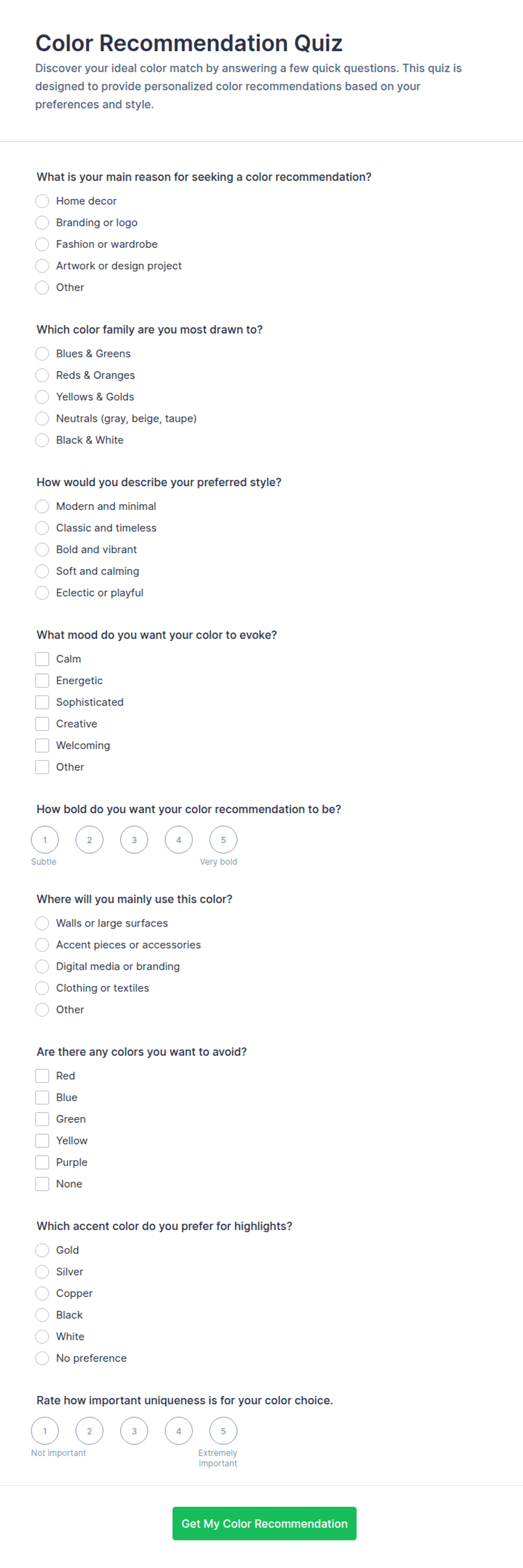 Color Recommendation Quiz Form Template | Jotform