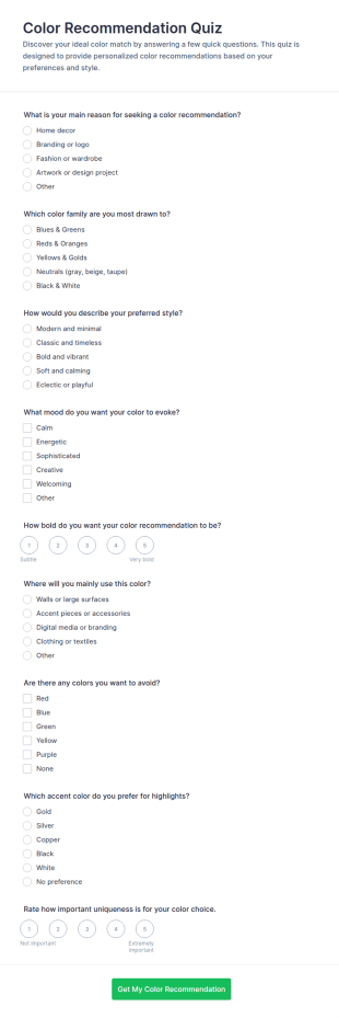 Color Recommendation Quiz Form Template
