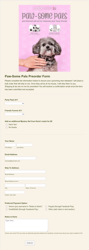 Paw Some Color Street Preorder Form Template