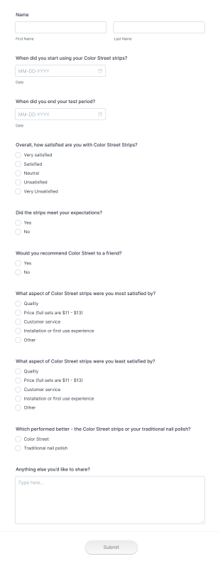 Color Street Product Satisfaction Survey Form Template