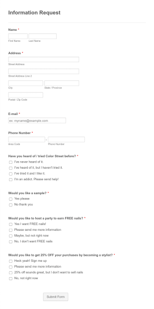Color Street Sample And Information Request Form Template