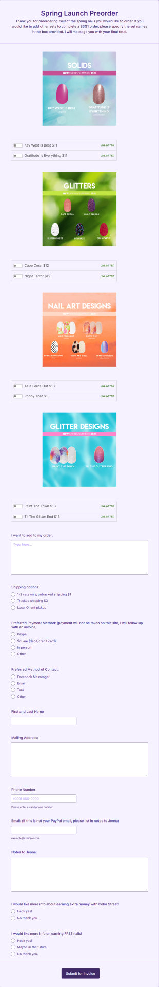 Color Street Spring Launch Preorder Form Template