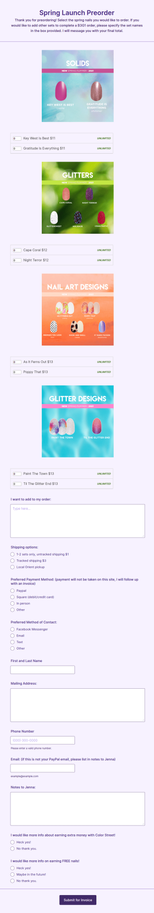 Color Street Spring Launch Preorder Form Template