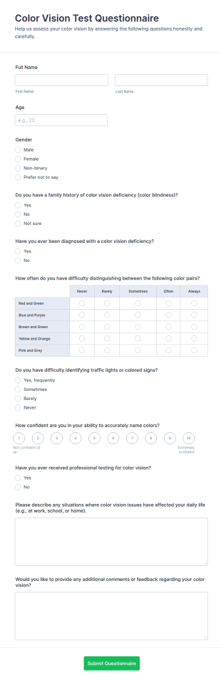 Color Vision Test Questionnaire Form Template