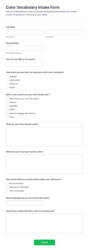 Color Vocabulary Intake Form Template
