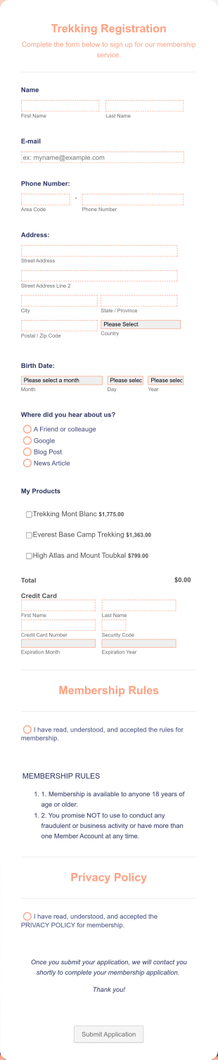 Colorado Mountain Club Trekking Registration Form WorldPayUS Payment Form Template