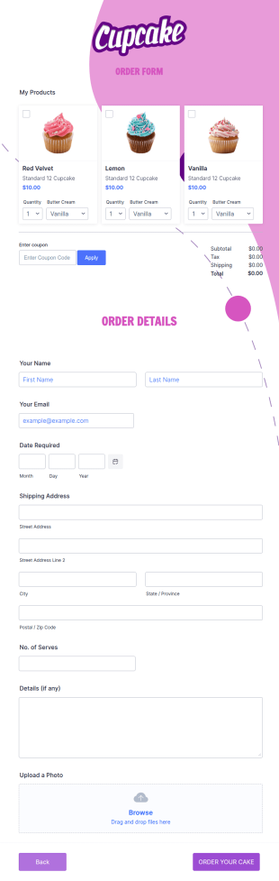 Colorful Cupcake Order Form Template