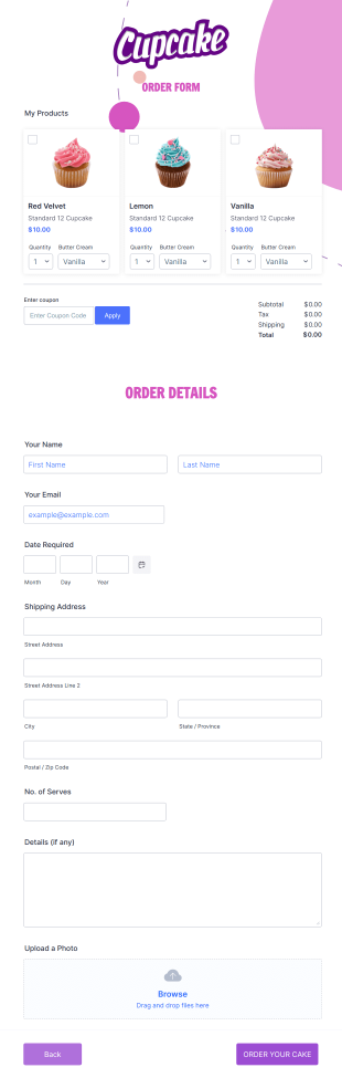 Colorful Cupcake Order Form Template