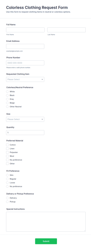 Colorless Clothing Request Form Template