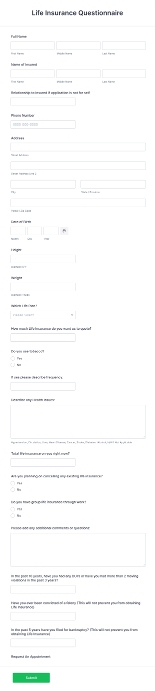 Life Insurance Questionnaire Form Template