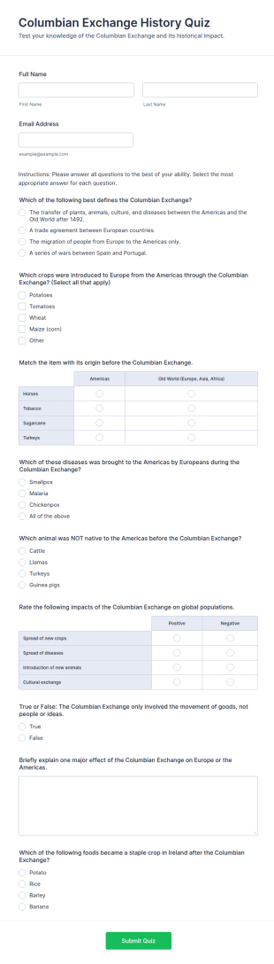 Columbian Exchange History Quiz Form Template