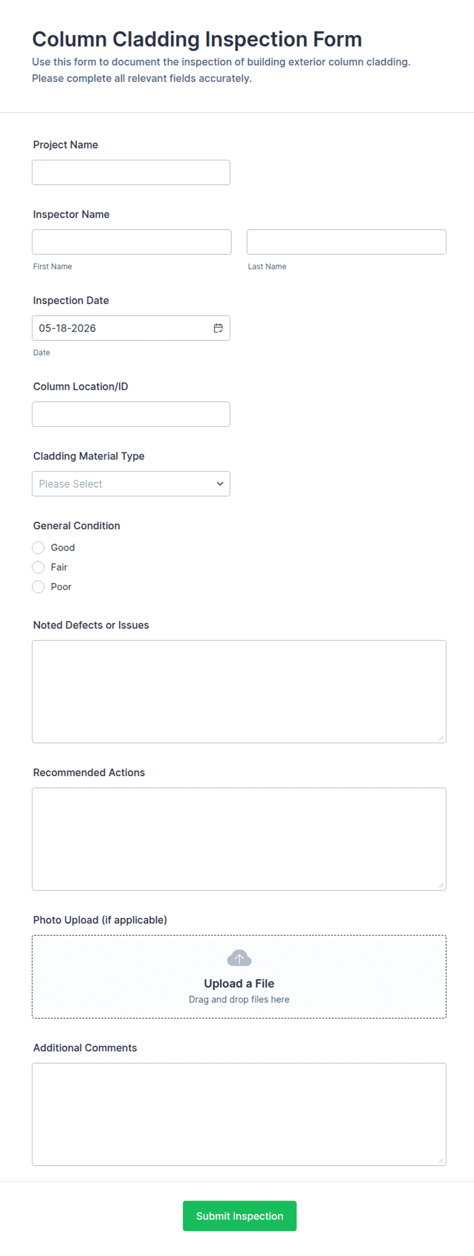 Column Cladding Inspection Form Template | Jotform